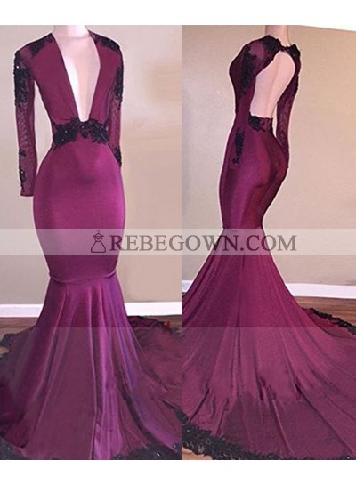 2023 Fuchsia Deep V Long Sleeves Mermaid  Prom Dresses