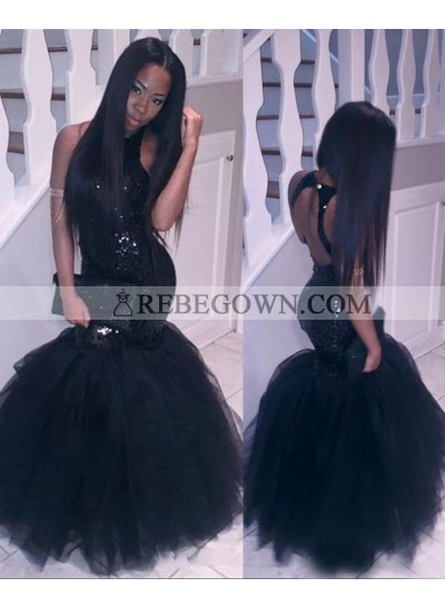 2023 Halter Backless Black Mermaid  Sequins Prom Dresses 
