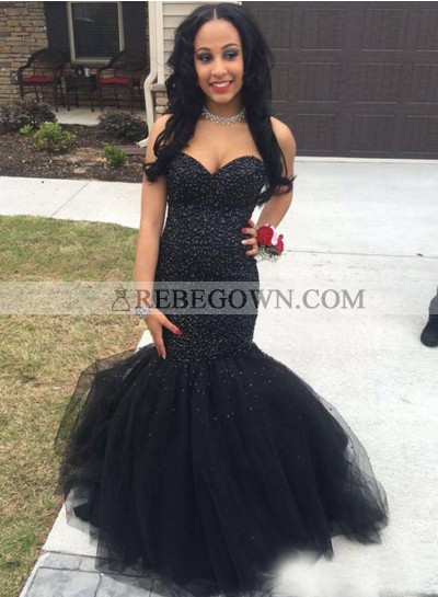 2023 Sweetheart Black Mermaid  Beaded Prom Dresses