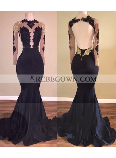 2023 Black Mermaid  Backless Long Sleeves Prom Dresses