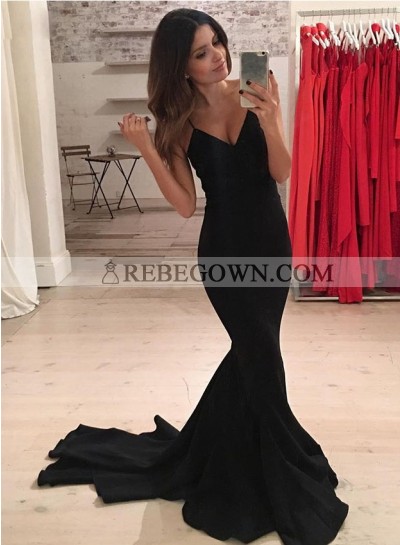 2023 Black Spaghetti Straps Mermaid  Prom Dresses