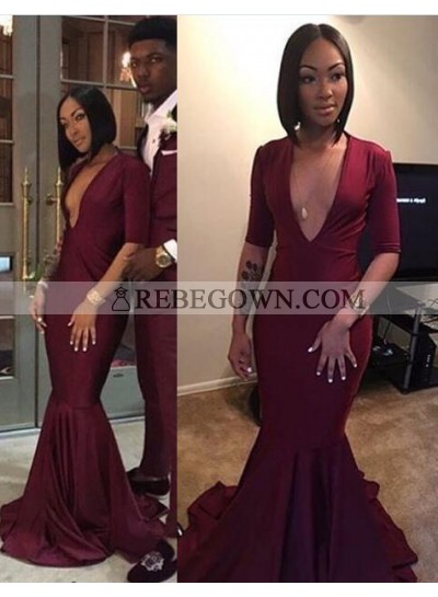 2023 Burgundy Sexy V-neck Mermaid  Prom Dresses