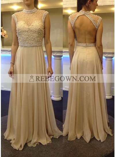 Beading Sheer High Neck Chiffon Champagne Prom Dresses