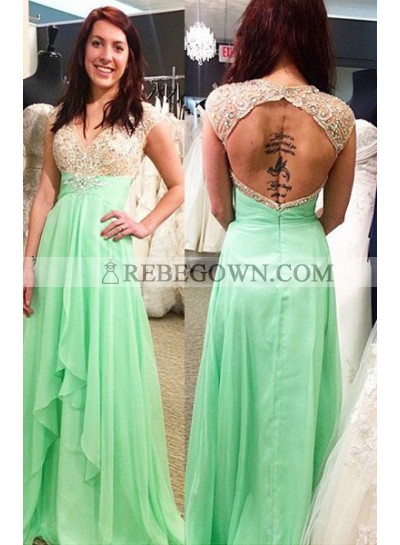 V-Neck Capped Sleeves A-Line Chiffon Sage Green Prom Dresses