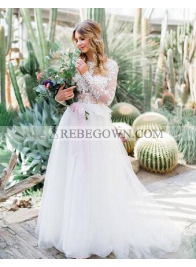 2023 Cheap A Line Tulle Sleeves Backless Wedding Dresses