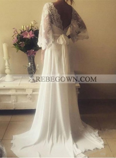 2023 Cheap A Line V Neck Lace Sleeves Back Bowknot Wedding Dresses