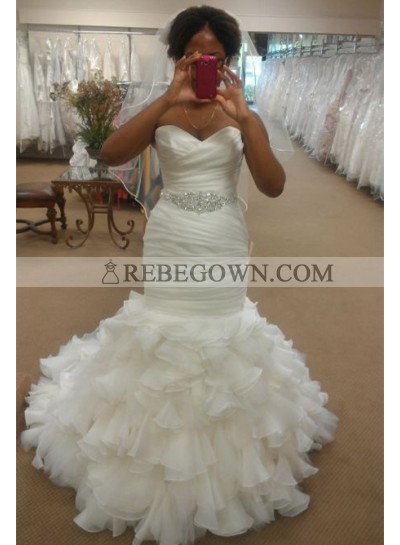 Alluring Mermaid  Sweetheart Organza Beaded Belt Ruffles 2023 Wedding Dresses
