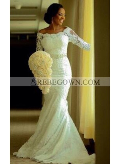 Sexy Mermaid  Off The Shoulder Lace Sleeves Bowknot Wedding Dresses