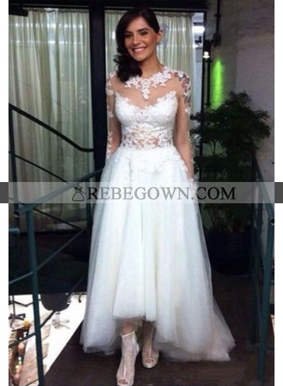 A Line High Low Tulle Long Sleeves 2023 Wedding Dresses