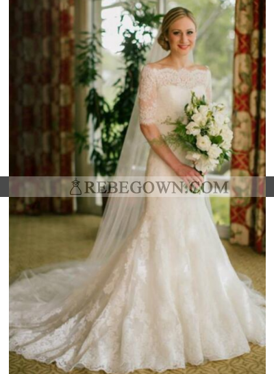 Elegant Lace Off The Shoulder Half Sleeves Sheath Wedding Dresses 2023