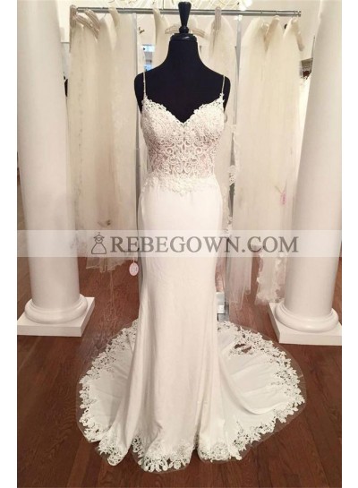 2023 Elegant Sheath Sweetheart Lace Spaghetti Straps Wedding Dresses