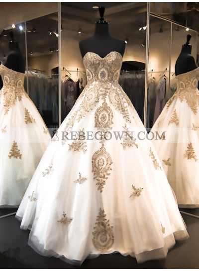 2023 New Arrival A Line Sweetheart Tulle With Gold Embroidery Wedding Dresses