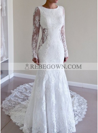Backless Sheath Long Sleeves Scoop Lace 2023 Wedding Dresses