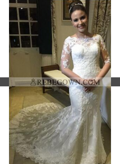 2023 Sheath Half Sleeves Lace Wedding Dresses With Small Train