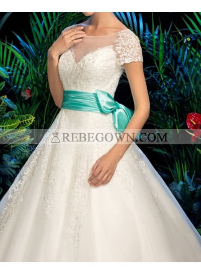 Classic A Line Capped Sleeves Tulle 2023 Wedding Dresses With Blue Belt