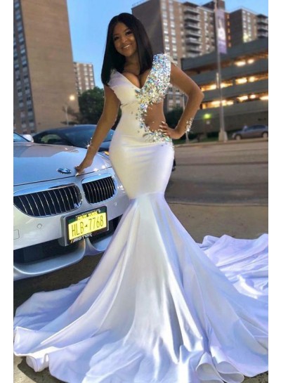 2022 Sexy White V-neck Mermaid Beaded Prom Dresses