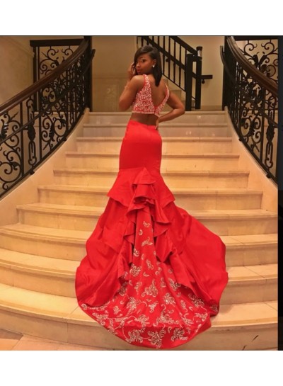 2024 Gorgeous Red Two Piece Mermaid Satin Prom Dresses