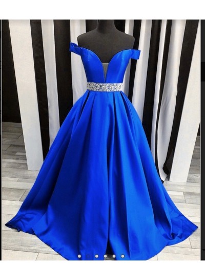 2022 Off The Shoulder Beading Sweetheart Ball Gown Royal Blue Satin Prom Dresses