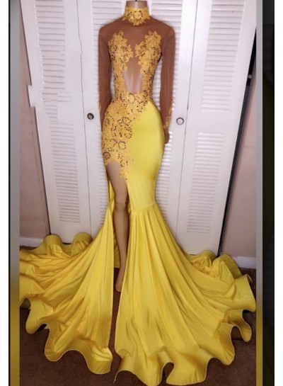 2024 Junoesque Yellow Split Mermaid Long Sleeve Satin Prom Dresses