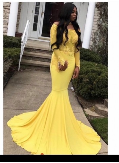2022 Off the shoulder Long Sleeve Yellow Mermaid  Prom Dresses
