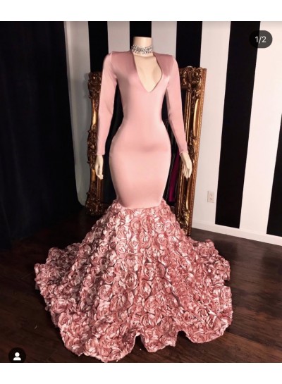 2022 Long Sleeve Dusty Rose V-neck Mermaid  Prom Dresses