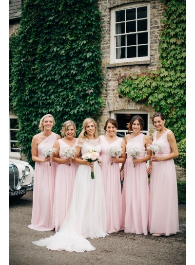 Chiffon A Line Pearl Pink Long Bridesmaid Dresses