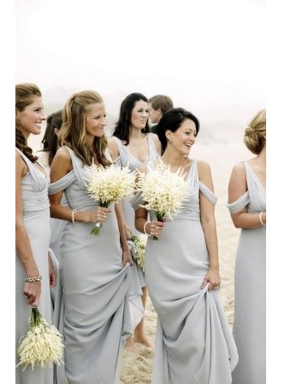 2024 A Line Chiffon Silver Floor Length Ruffles Bridesmaid Dresses / Gowns
