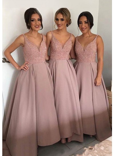 Satin Sweep Train A-Line Sleeveless V-Neck Bridesmaid Dresses / Gowns With Sequins