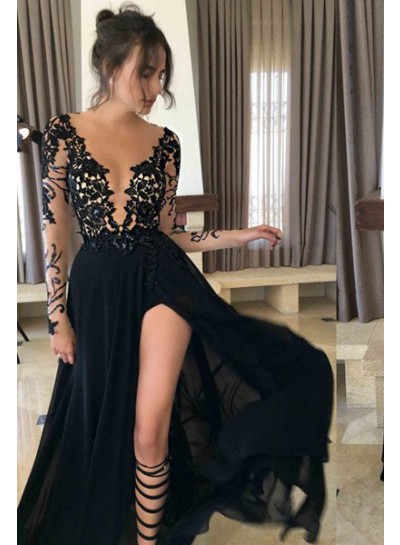 2022 Junoesque Black Sexy Split Sheer Sleeves Lace Prom Dresses