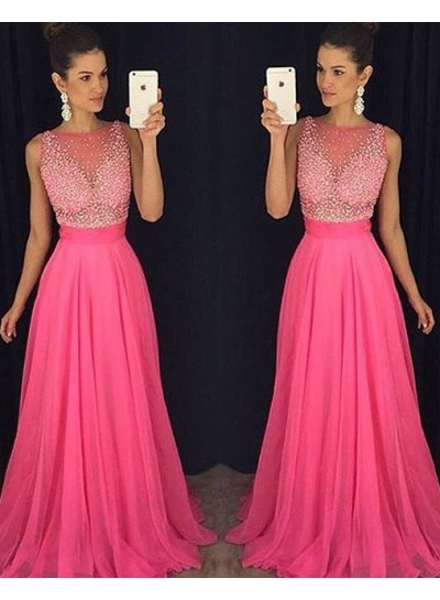 Chiffon 2022 Charming Princess/A-Line Fuchsia Beaded Prom Dresses