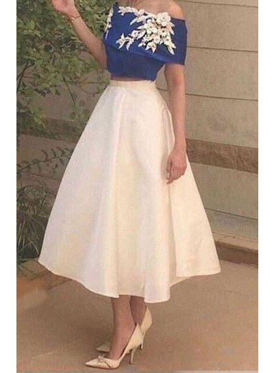 Flowers Off-the-Shoulder A-Line Satin Two Pieces Prom Dresses