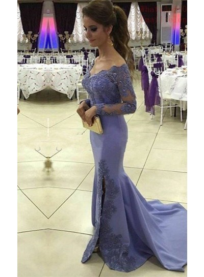 Beading Appliques Off-the-Shoulder Chiffon Long Sleeve rebe gown 2022 Blue Prom Dresses