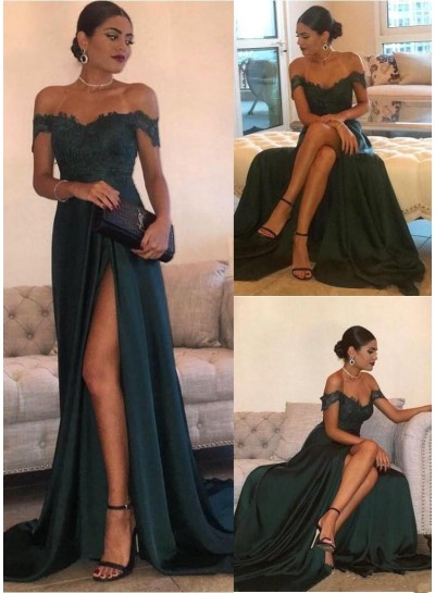 2022 Siren Princess/A-Line Satin Off The Shoulder Side Slit Dark Green Prom Dresses