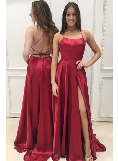 Alluring Princess/A-Line Side Slit Satin Backless Burgundy Prom Dresses