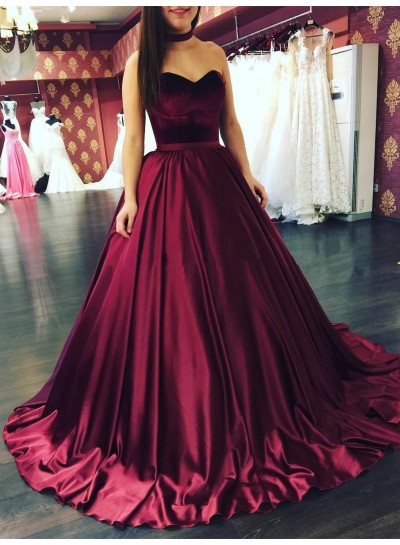 2024 Elegant Burgundy Satin Sweetheart Ball Gown Prom Dresses