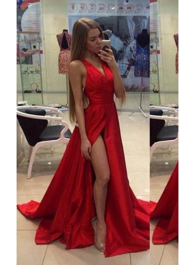 2022 Gorgeous Red V-Neck High-Slit A-Line Satin Prom Dresses