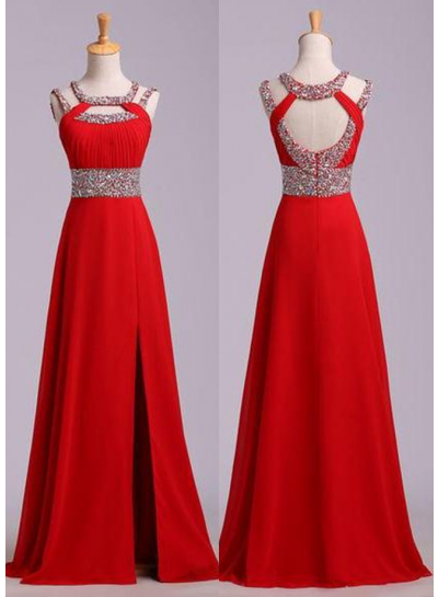 2022 Gorgeous Red Beading Open Back Chiffon Prom Dresses