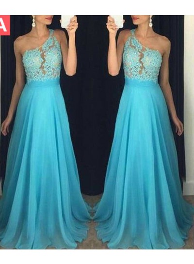 rebe gown 2022 Blue Beading Appliques One Shoulder A-Line Chiffon Prom Dresses