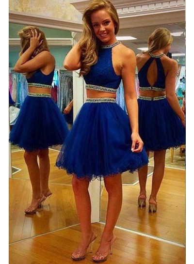 rebe gown 2024 Blue Elegant Beading Halter Tulle Two Pieces Prom Dresses
