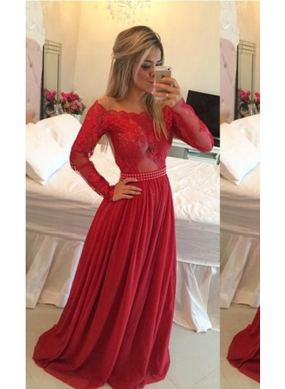 2022 Gorgeous Red Beading Appliques Off-the-Shoulder Chiffon Prom Dresses