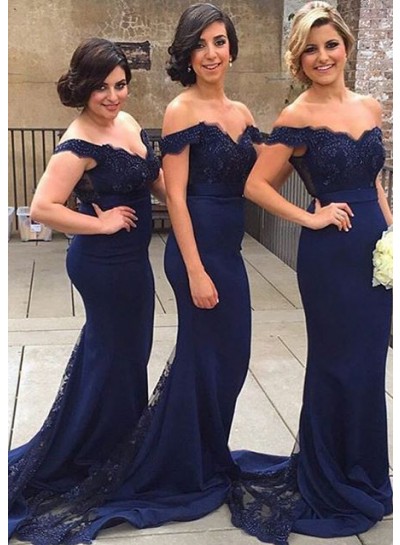 2024 New Arrival Mermaid  Dark Navy Satin Lace Off The Shoulder Long Bridesmaid Dresses / Gowns