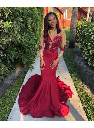 Sexy Mermaid  Red Long Sleeves Elastic Satin Women's Prom Dresses With Appliques Long Train