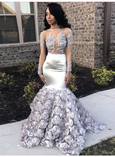 New Arrival Silver Mermaid  Long Sleeves Transparent Rose Decoration Prom Dresses