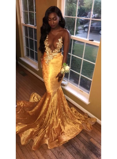 2022 Newly Gold Transparent Velvet Long Train Prom Dresses With Appliques