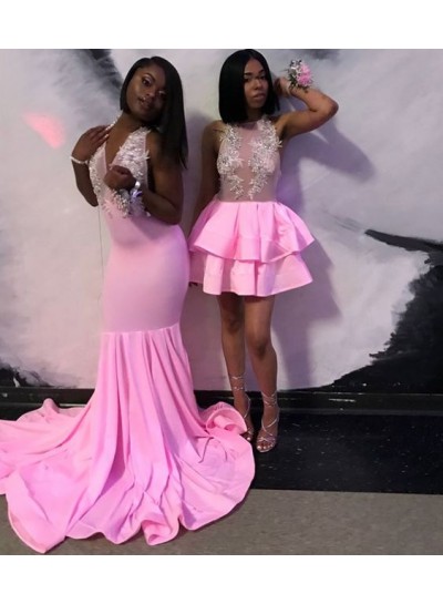 Pink Long Mermaid  Elastic Satin V Neck Prom Dresses With Appliques