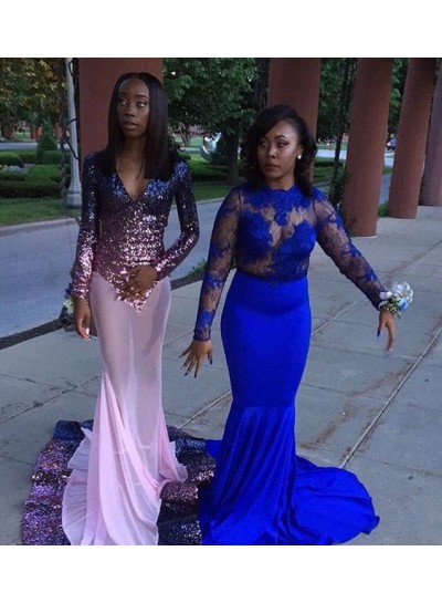 Sexy Royal Blue Mermaid  Long Sleeves Transplant Lace Prom Dresses With Long Train
