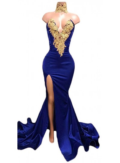 Charming Royal Blue Mermaid  Sweetheart Side Slit Satin Prom Dresses With Gold Appliques