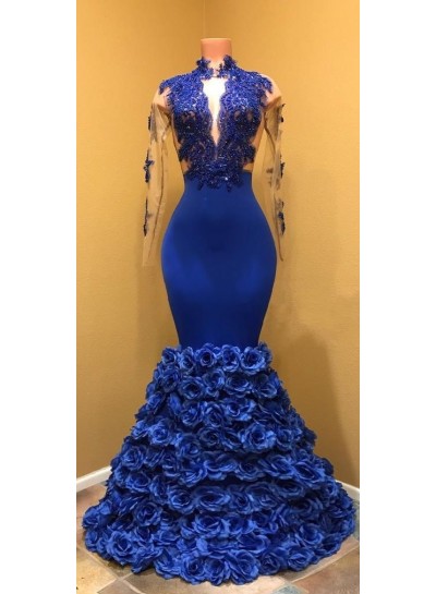 Mermaid  Long Prom Dresses Royal Blue High Neck See Through Long Sleeve African Prom Dresses with Flowers