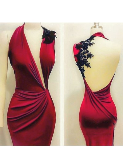 Sexy Mermaid  Red Backless With Appliques Ruffles Long Prom Dresses