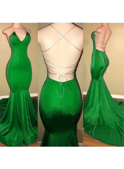 Sexy Mermaid  Green Backless Criss Cross V Neck Elastic Satin Prom Dresses